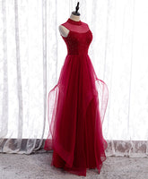 Burgundy High Neck Tulle Sequin Beads Long Evening Dresses